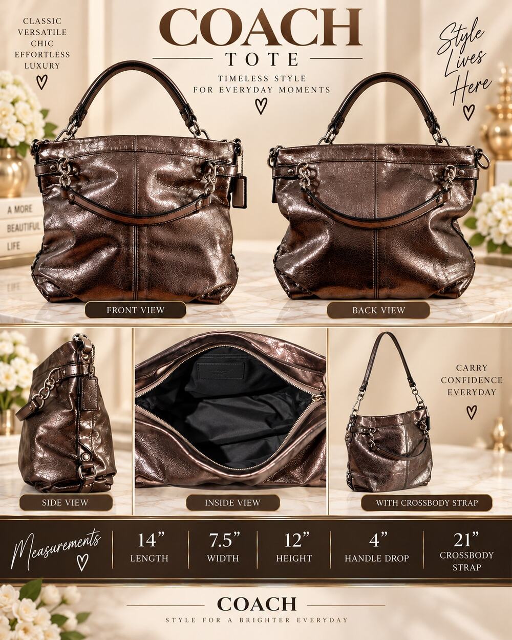 DL006 Coach Brooke Convertible Hobo in Metallic Pewter Bronze Leather